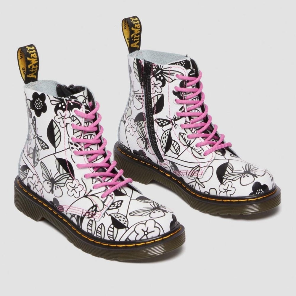 Kid Black And White Floral Dr. Marten's with Pink Laces Size 4